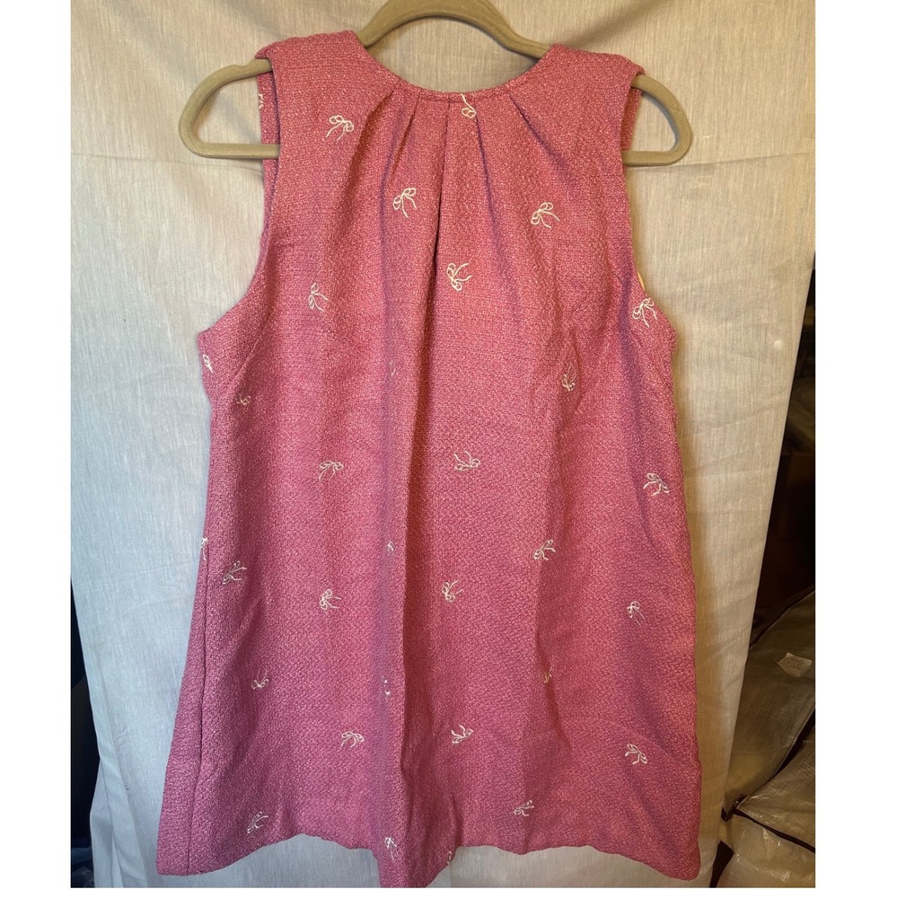 Pink Tweed Bow Embroidered Sleeveless Back Tie Mini Dress Womens L Preppy